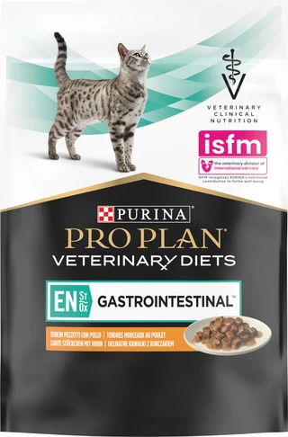 Упаковка вологого дієтичного корму для кошенят і дорослих котів Purina Pro Plan Veterinary Diets EN Gastrointestinal при захворюваннях шлунково-кишкового тракту з куркою 10 x 85 г