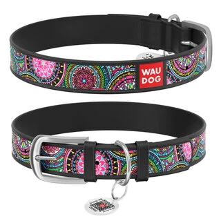 Нашийник WAUDOG Design з малюнком "Мандали", преміум шкіра, металевий пряжка (ширина 20 мм, довжина 30-39 см), чорний