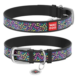 Нашийник WAUDOG Design з малюнком "Конфетті", преміум шкіра, металевий пряжка (ширина 15 мм, довжина 27-36 см), чорний