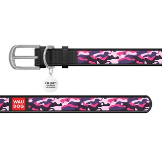Нашийник WAUDOG Design з малюнком "Рожевий камо", преміум шкіра, металевий пряжка (ширина 15 мм, довжина 27-36 см), чорний