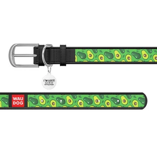 Ошейник WAUDOG Design с рисунком "Авокадо", премиум кожа, металлическая пряжка (ширина 35 мм, длина 46-60 см), черный