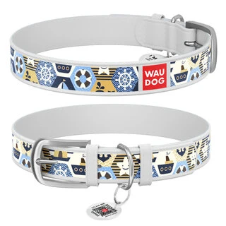 Нашийник WAUDOG Design з малюнком "Капітан", преміум шкіра, металевий пряжка (ширина 20 мм, довжина 30-39 см), білий