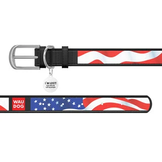 Нашийник WAUDOG Design з малюнком "Зірки та смуги", преміум шкіра, металевий пряжка (ширина 25 мм, довжина 38-49 см), чорний