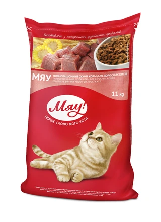 Сухий повнораціонний корм для дорослих котів Мяу! зі смаком м'яса 11 кг