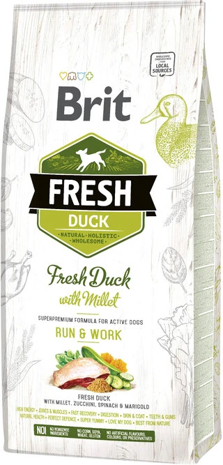 Сухой корм для активных взрослых собак Brit Fresh Active Run &amp;amp; Work с уткой и пшеном 12 кг (8595602530816)