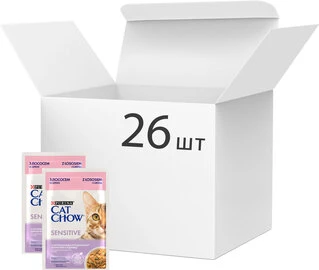 Упаковка влажного корма для кошек с чувствительным пищеварением Purina Cat Chow кусочки в подливе с лососем и цуккини 85 г x 26 шт.