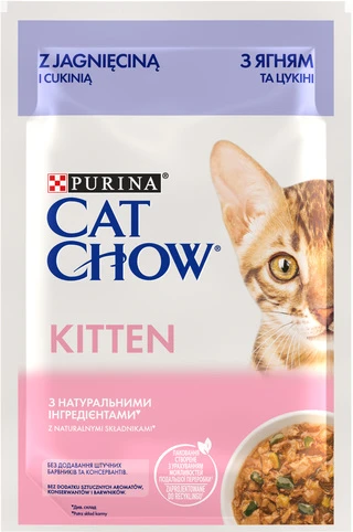 Упаковка вологого корму для кошенят Purina Cat Chow Kitten шматочки в підливі з ягнятиною та цукіні 85 г x 26 шт.