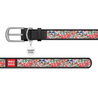 Нашийник WAUDOG Design з малюнком "Черепи в квітах", преміум шкіра, металевий затискач (ширина 12 мм, довжина 21-29 см), чорний