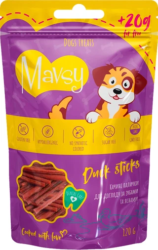 Ласощі для собак Mavsy Duck sticks - Мавси Утині палички для догляду за зубами та яснами для собак 120 г (4820266800314)