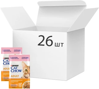 Упаковка влажного корма для взрослых кошек Purina Cat Chow Adult с лососем и зеленой фасолью 85 г x 26 шт