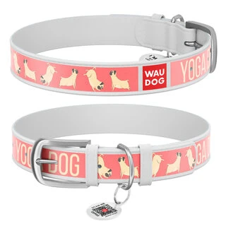 Нашийник WAUDOG Design з малюнком "Йога-пес", преміум шкіра, металевий пряжка (ширина 35 мм, довжина 46-60 см), білий