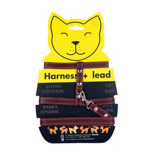 Шлея "CoLLaR" кошачья с поводком кожаная на планшете (ширина 12мм, А:22-30см,В:30-40см, длина 122см), коричневый