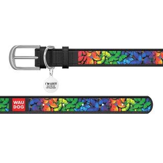 Нашийник WAUDOG Design з малюнком "Райдужні метелики", преміум шкіра, металевий пряжка (ширина 12 мм, довжина 21-29 см), чорний