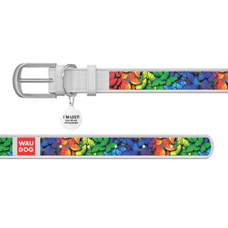 Ошейник WAUDOG Design с рисунком "Радужные бабочки", премиум кожа, металлическая пряжка (ширина 35 мм, длина 46-60 см), белый