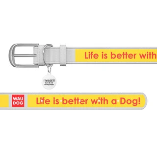 Ошейник WAUDOG Design с рисунком "Лучшая жизнь", премиум кожа, металлическая пряжка (ширина 12 мм, длина 19-25 см), белый