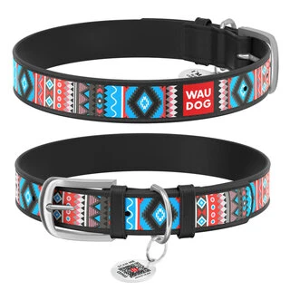 Ошейник для собак кожаный WAUDOG Design с QR паспортом, рисунок "Этно", Ш 25 мм, Дл 38-49 см, черный