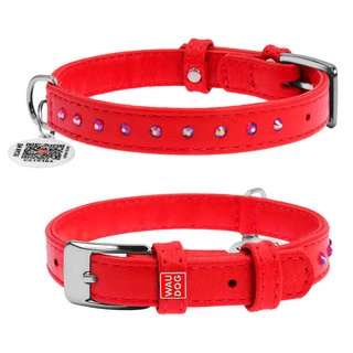 Нашийник для собак шкіряний WAUDOG Glamour з QR паспортом, з клейовими стразами, Ш 12 мм, Дл 21-29 см, червоний