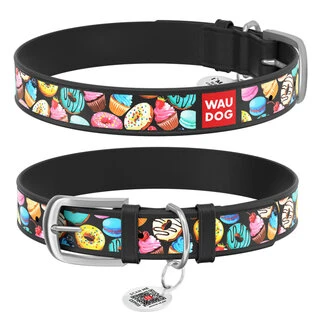 Ошейник для собак кожаный WAUDOG Design с QR паспортом, рисунок "Пончики", Ш 35 мм, Дл 46-60 см, черный