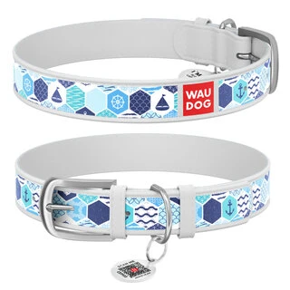 Нашийник WAUDOG Design з малюнком "Морський", преміум шкіра, металевий пряжка (ширина 25 мм, довжина 38-49 см), білий