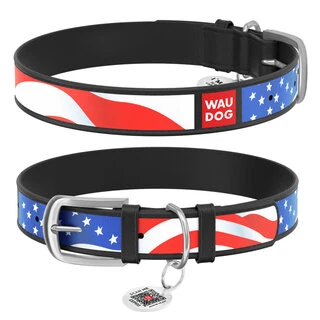 Нашийник WAUDOG Design з малюнком "Зірки та смуги", преміум шкіра, металевий пряжка (ширина 12 мм, довжина 21-29 см), чорний