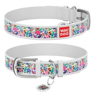 Ошейник WAUDOG Design с рисунком "Волшебные цветы", премиум кожа, металлическая пряжка (ширина 25 мм, длина 38-49 см), белый