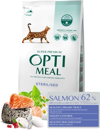 Полнорационный сухой корм Optimeal для стерилизованных кошек и кастрированных кошек &ndash; лосось 700 г