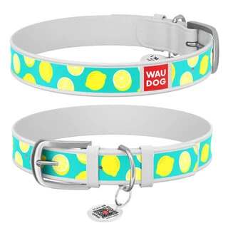 Нашийник WAUDOG Design з малюнком "Лимони", преміум шкіра, металевий пряжка (ширина 20 мм, довжина 30-39 см), білий