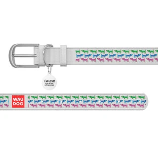 Нашийник WAUDOG Design з малюнком "Парад собачок", преміум шкіра, металевий пряжка (ширина 12 мм, довжина 19-25 см), білий