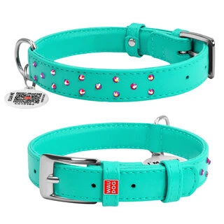 Нашийник для собак шкіряний WAUDOG Glamour з QR паспортом, з клейовими стразами, Ш 20 мм, Дл 30-39 см, ментоловий