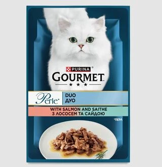 ПАК Влажный корм для кошек Gourmet Perle Duo с лососем и сайдой 26 шт по 85г