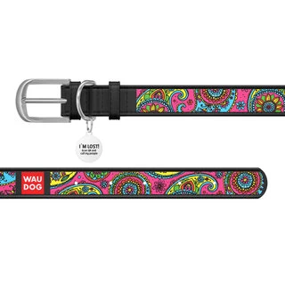 Ошейник WAUDOG Design с рисунком "Пейсли", премиум кожа, металлическая пряжка (ширина 35 мм, длина 46-60 см), черный