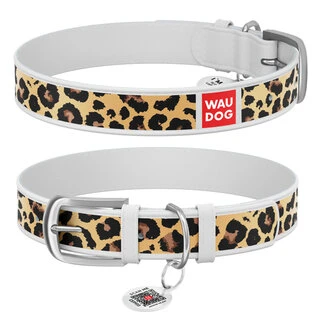 Нашийник WAUDOG Design з малюнком "Леопард", преміум шкіра, металевий затискач (ширина 25 мм, довжина 38-49 см), білий