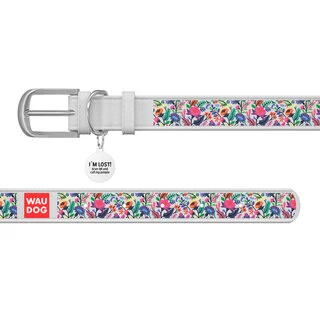 Ошейник WAUDOG Design с рисунком "Волшебные цветы", премиум кожа, металлическая пряжка (ширина 12 мм, длина 19-25 см), белый