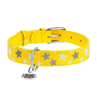 Нашийник для собак шкіряний WAUDOG Glamour з QR паспортом, візерунок "Зірочка", світловий/світловідбиваючий, Ш 25 мм, Дл 38-49 см, жовтий