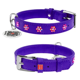 Нашийник для собак шкіряний WAUDOG Glamour з QR паспортом, з клейовими стразами "Квітка", Ш 20 мм, Дл 30-39 см, фіолетовий