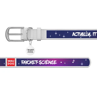 Нашийник для собак шкіряний WAUDOG Design з QR паспортом, малюнок "Космос. Ракетобудування", M, Ш 20 мм, Дл 30-39 см, білий