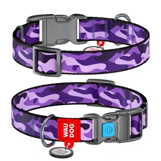 Ошейник для собак нейлоновый WAUDOG Nylon c QR паспортом, рисунок "Фиолетовый камо", пластиковый фастекс, Ш 25 мм, Дл 35-58 см