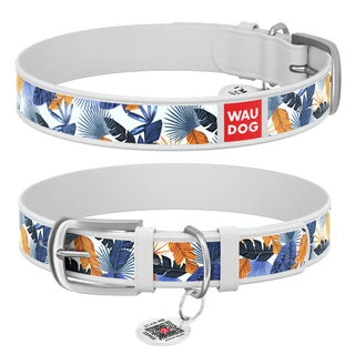 Ошейник WAUDOG Design с рисунком "Джунгли", премиум кожа, металлическая пряжка (ширина 25 мм, длина 38-49 см), белый