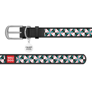 Ошейник WAUDOG Design с рисунком "Снежные цветы", премиум кожа, металлическая пряжка (ширина 12 мм, длина 19-25 см), черный