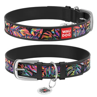 Нашийник WAUDOG Design з малюнком "Яскравий тропік", преміум шкіра, металевий пряжка (ширина 12 мм, довжина 21-29 см), чорний