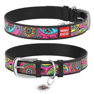 Ошейник WAUDOG Design с рисунком "Пейсли", премиум кожа, металлическая пряжка (ширина 35 мм, длина 46-60 см), черный