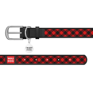 Ошейник WAUDOG Design с рисунком "Шотландка красная", премиум кожа, металлическая пряжка (ширина 20 мм, длина 30-39 см), черный