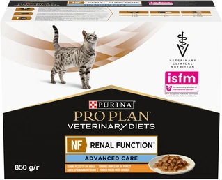 Упаковка вологого дієтичного корму для дорослих котів Purina Pro Plan Veterinary Diets NF Renal Function Advanced Care при патології нирок з куркою 10 x 85 г