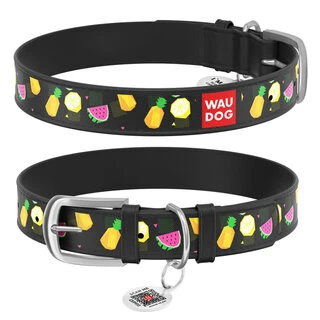 Нашийник WAUDOG Design з малюнком "Фрукти", преміум шкіра, металевий пряжка (ширина 15 мм, довжина 27-36 см), чорний