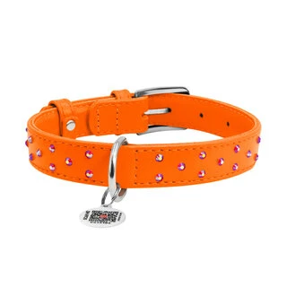 Нашийник для собак шкіряний WAUDOG Glamour з QR паспортом, з клейовими стразами, Ш 25 мм, Дл 38-49 см, оранжевий