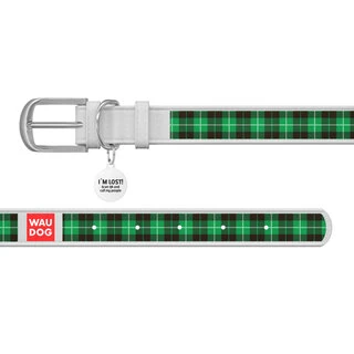 Нашийник WAUDOG Design з малюнком "Шотландка зелена", преміум шкіра, металевий пряжка (ширина 12 мм, довжина 21-29 см), білий