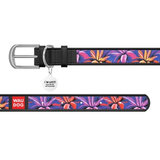 Ошейник WAUDOG Design с рисунком "Фиолетовые листья", премиум кожа, металлическая пряжка (ширина 35 мм, длина 46-60 см), черный
