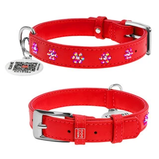 Ошейник для собак кожаный WAUDOG Glamour с QR паспортом, с клеевыми стразами "Цветочек", Ш 15 мм, Дл 27-36 см, красный