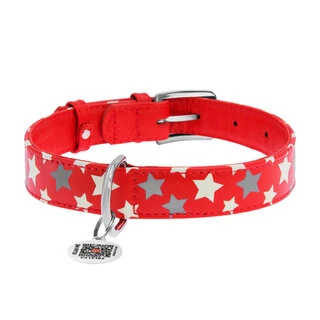 Нашийник для собак шкіряний WAUDOG Glamour з QR паспортом, візерунок "Зірочка", що світиться/світловідбиваючий, Ш 20 мм, Дл 30-39 см, червоний