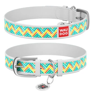 Ошейник WAUDOG Design с рисунком "Зигзаг", премиум кожа, металлическая пряжка (ширина 35 мм, длина 46-60 см), белый